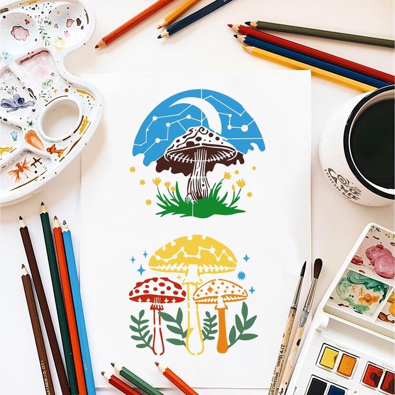 Resflyar 18 PCS Mushroom Stencils Large Reusable Crescent Moon Phase Drawing Template Bohemian Art Stencils for Painting on Wood Wall Tile Fabric Canvas Scrapbook Home Decor DIY Craft Projects - Image 3